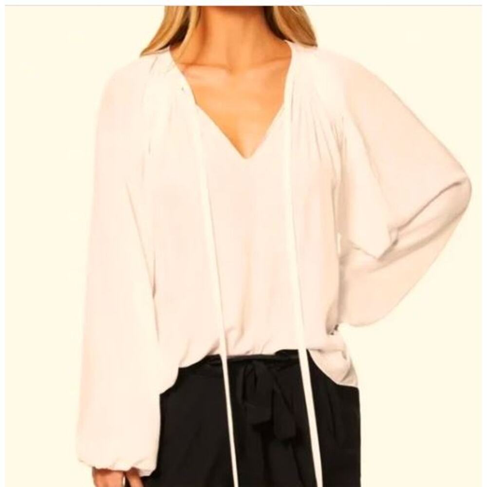 Ramy Brook Women's Paris Long Sleeve Balloon Tie Neck Top Linen NWT 325 Cream S